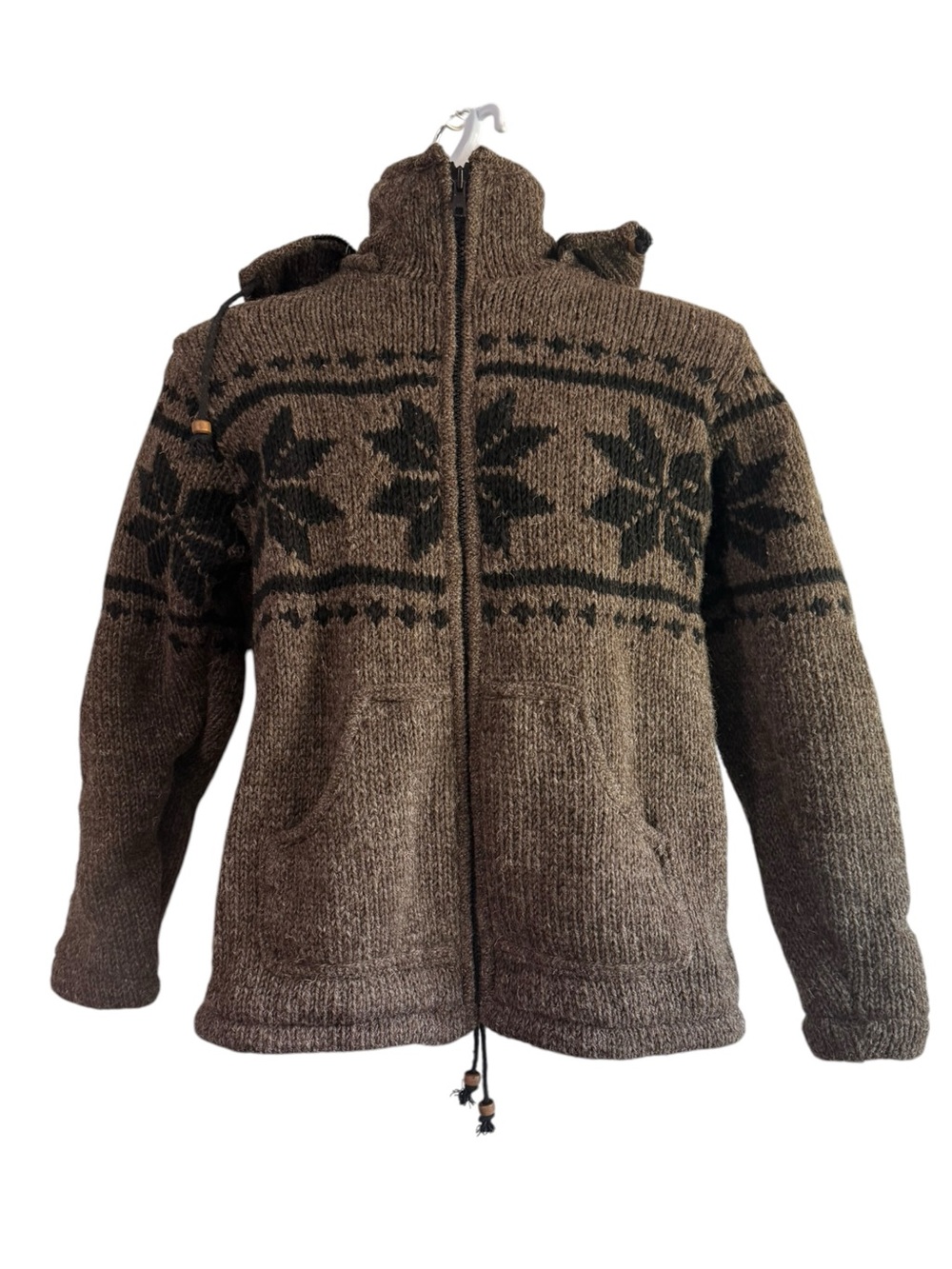 Himalayan Shop Mens 100% Wool Fleece Lined Hoodie Jacket Brown Fair Isle Nepal M